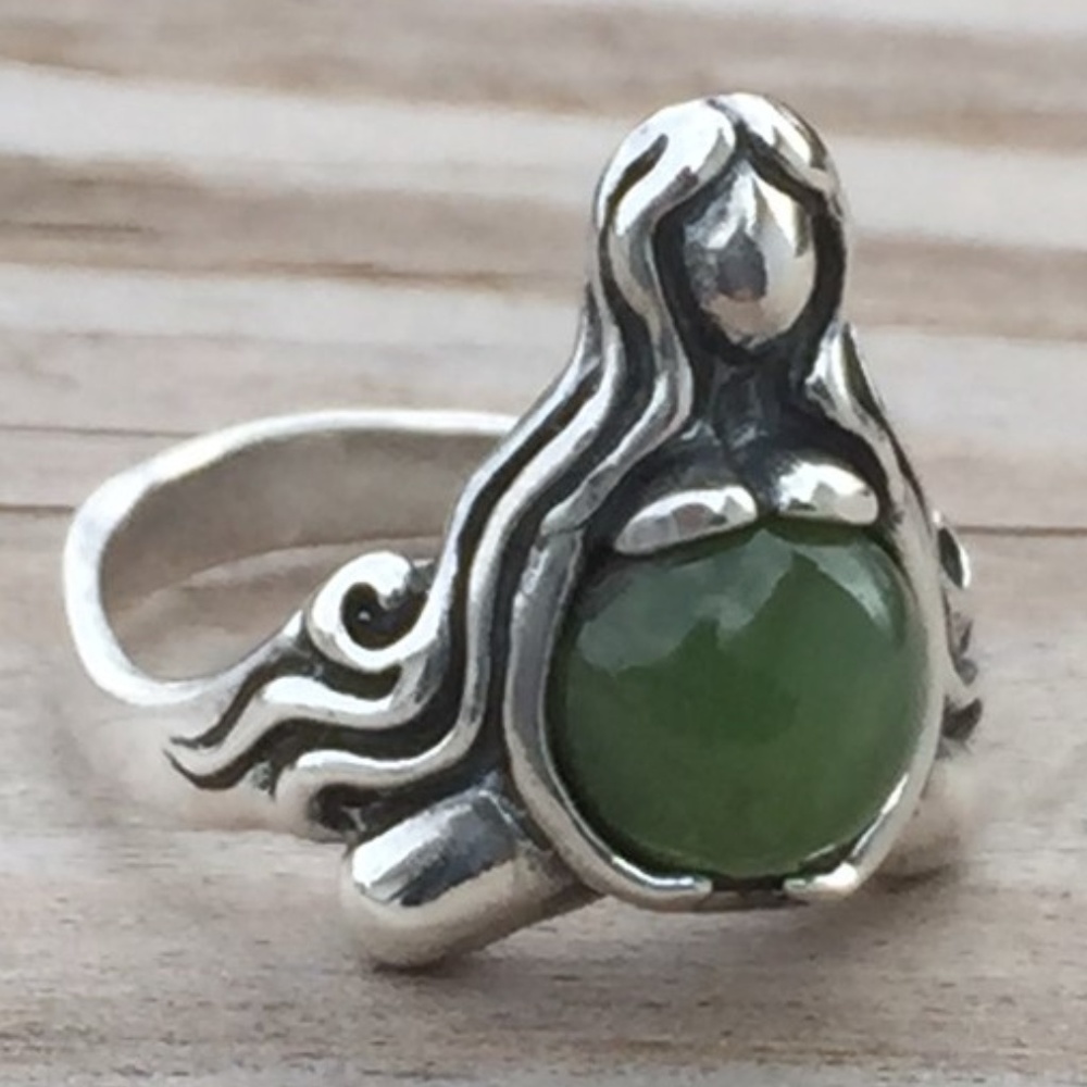 Goddess of Abundance Ring .925 Sterling Silver w/ genuine Jade gem Made in USA - Picture 2 of 8